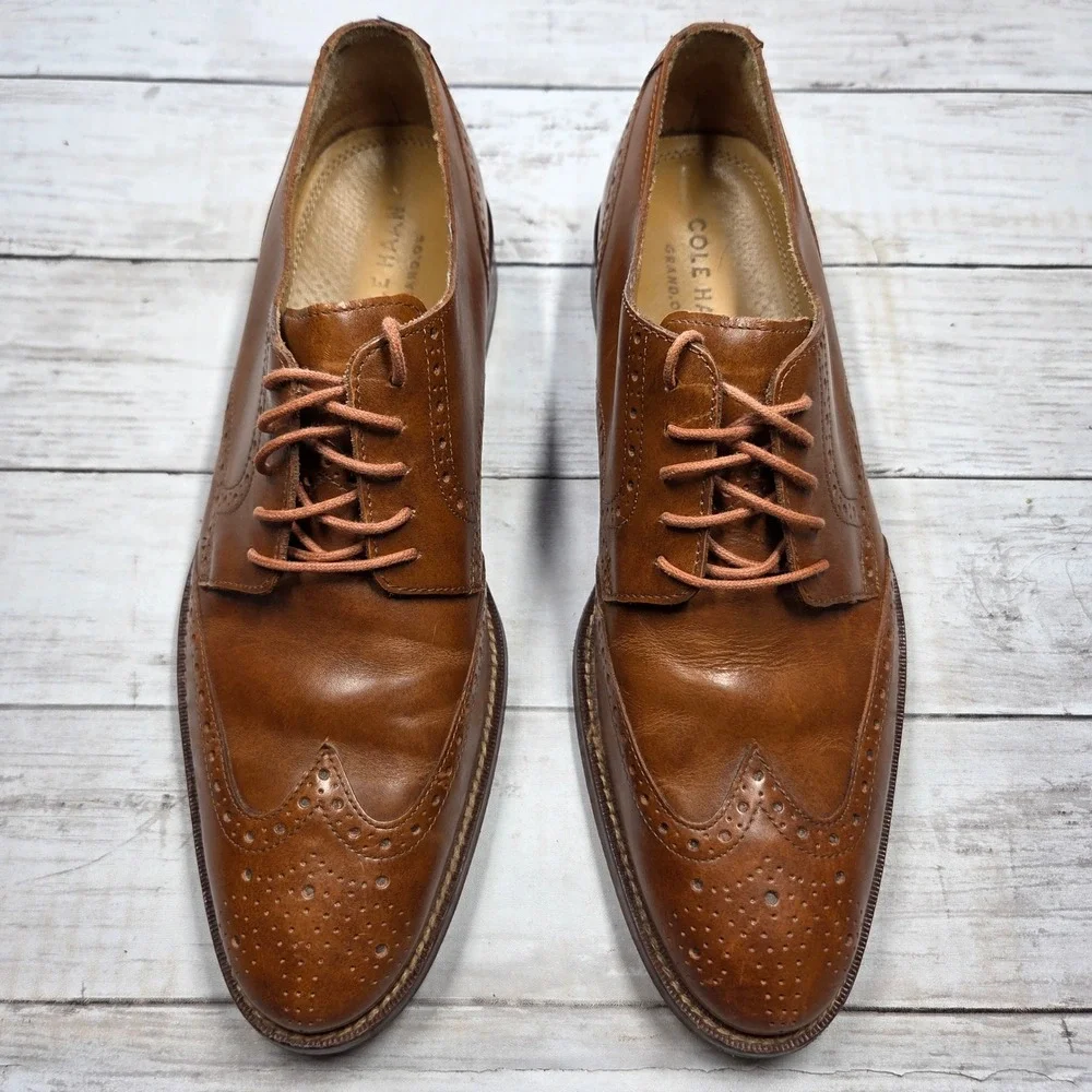 Cole Haan Grand.OS Wingtip Oxford Dress Shoe Men 9.5M British Tan Leather C12845